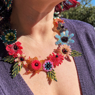 Mardi Gras Flowers Guatemalan Beaded Necklace