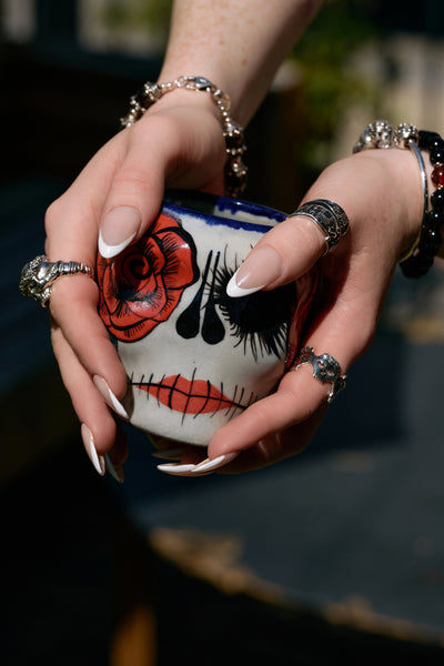 Smell The Roses Skull Mugs - Pair