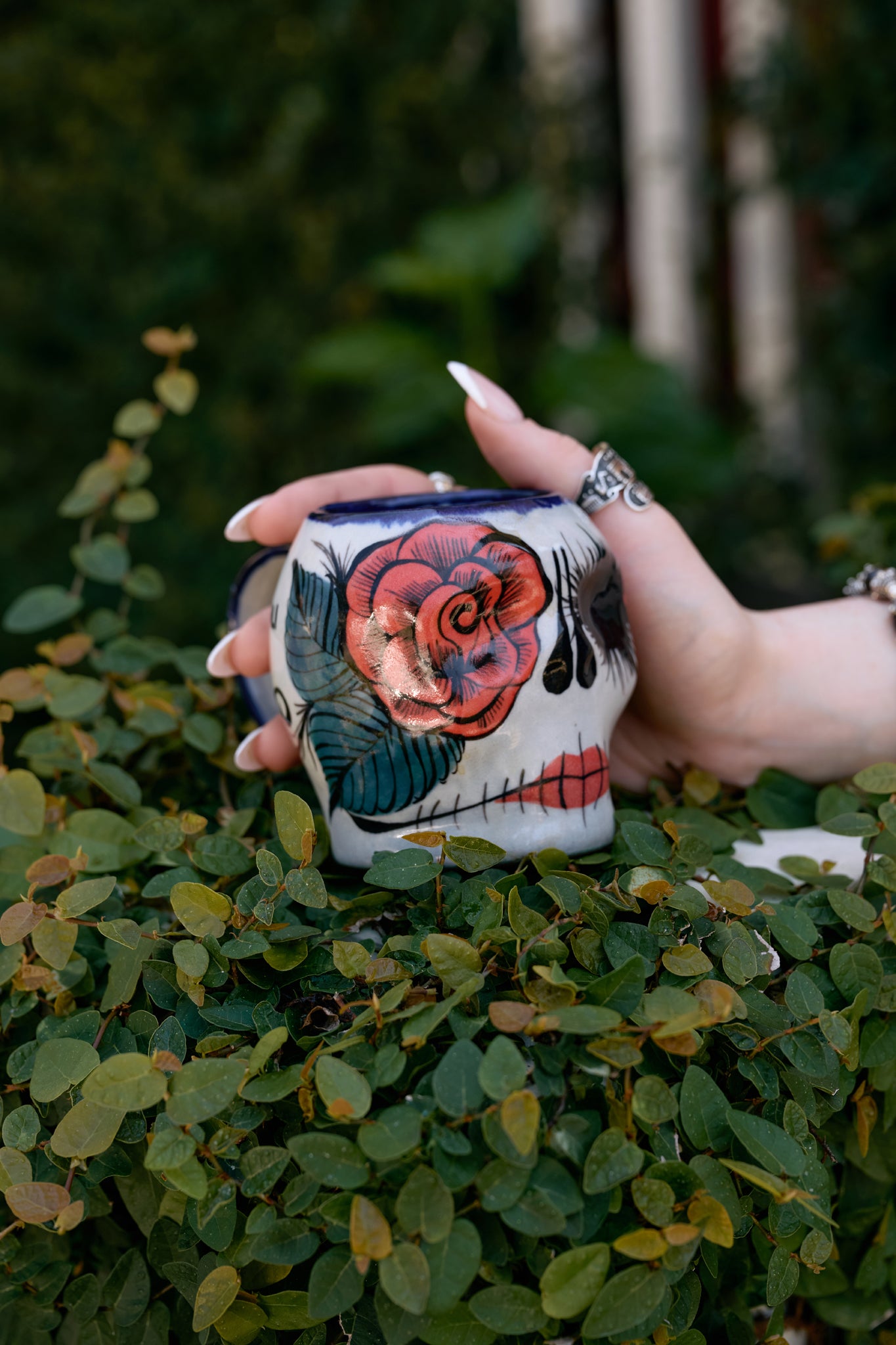 Smell The Roses Skull Mugs - Pair