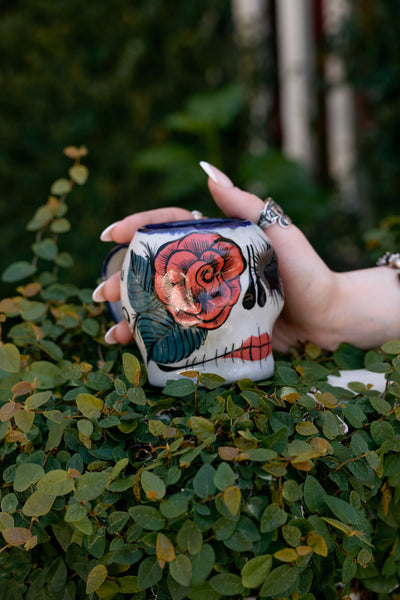 Smell The Roses Skull Mugs - Pair