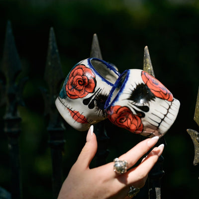 Smell The Roses Skull Mugs - Pair