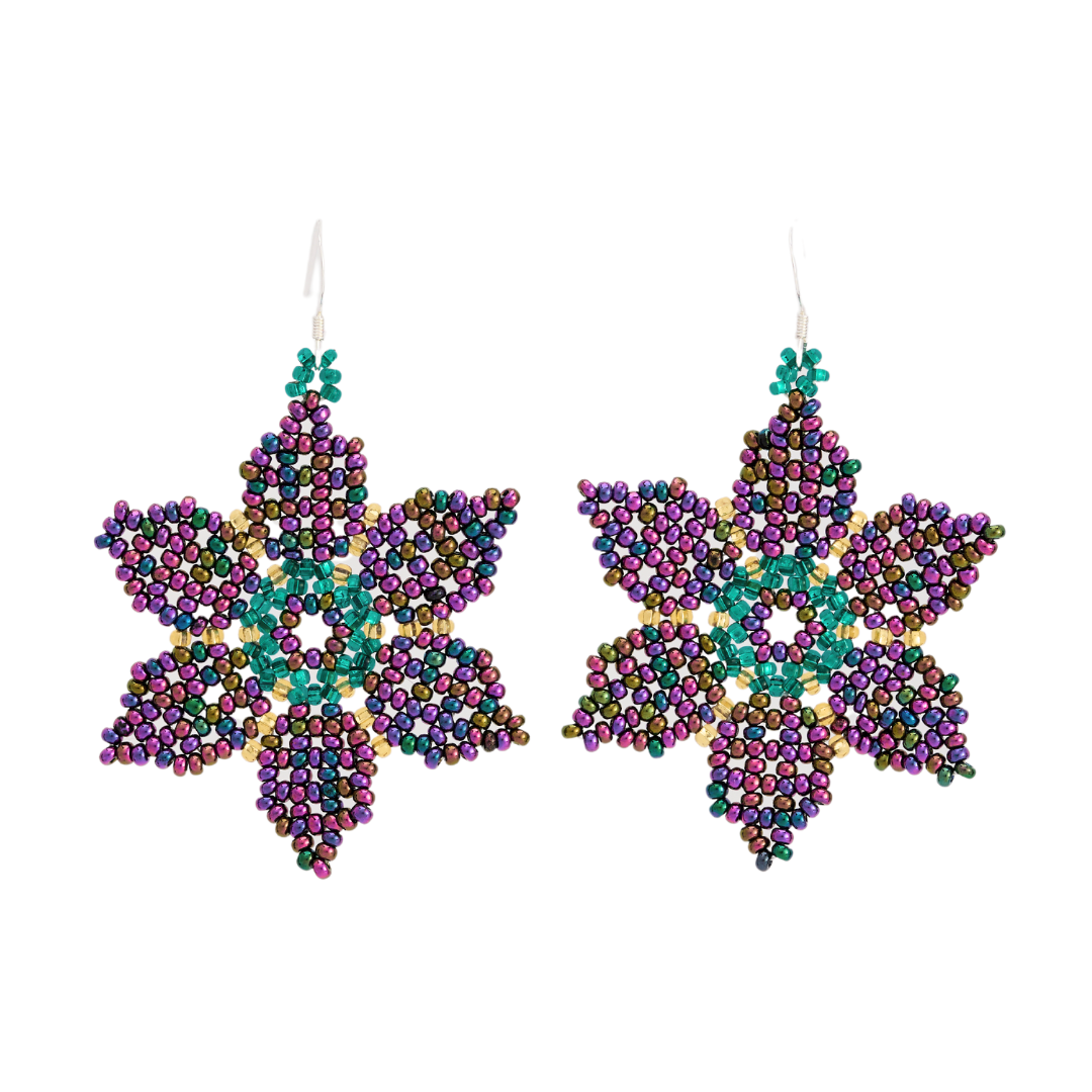 Guatemalan Beaded Mardi Gras Flowers Earrings