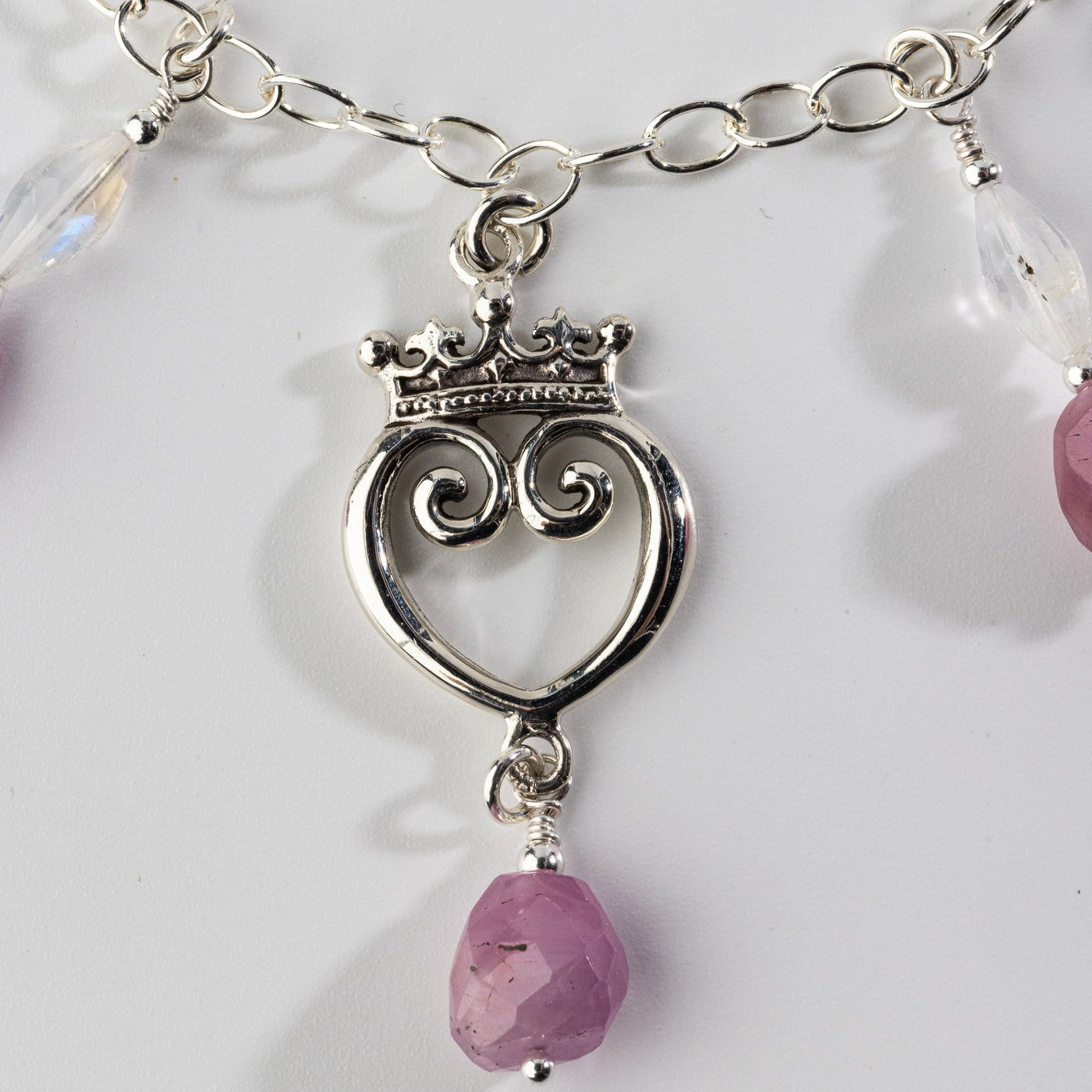 Pink Sapphire & Moonstone Queen of Hearts Gemstone Signature Charm Necklace