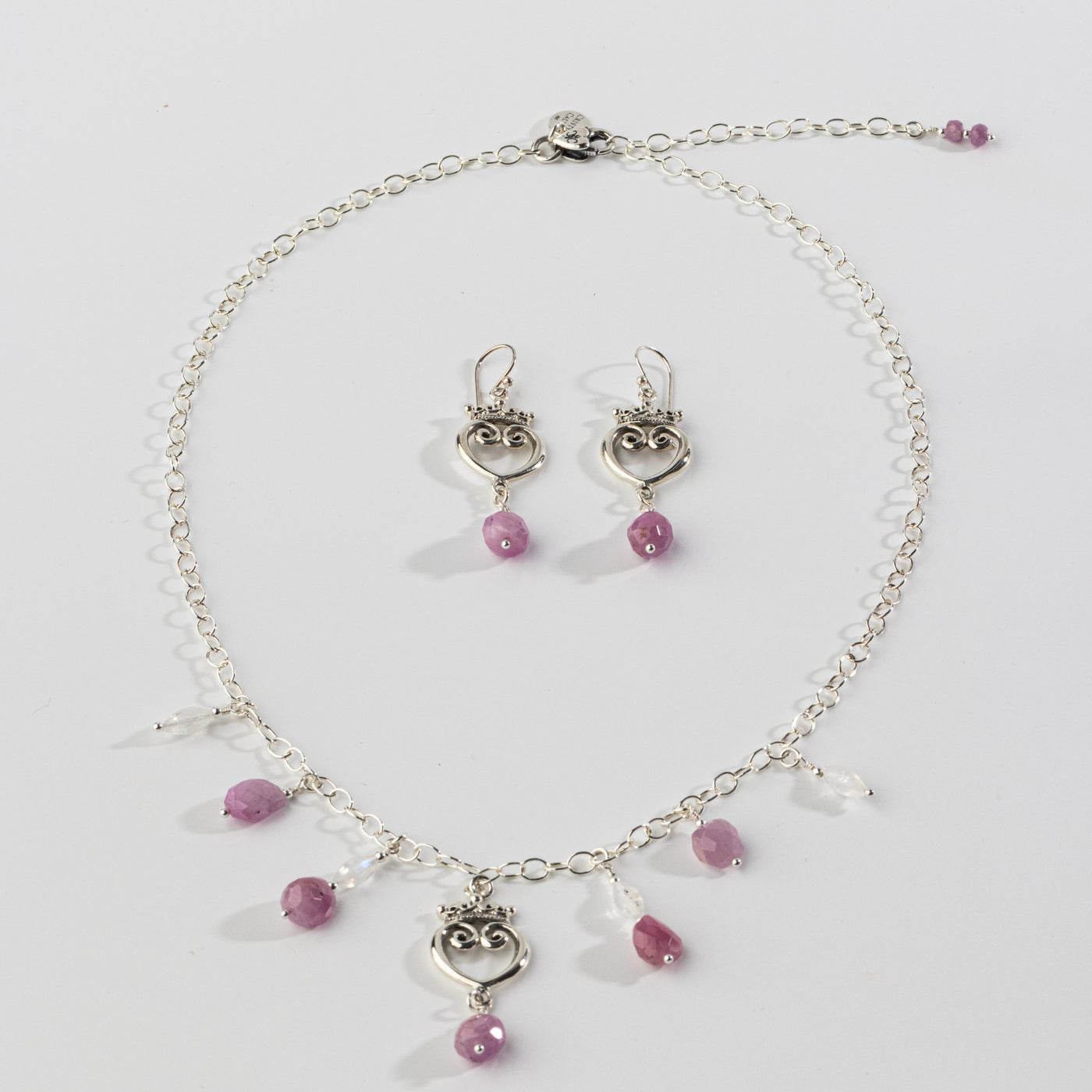 Pink Sapphire & Moonstone Queen of Hearts Gemstone Signature Charm Necklace