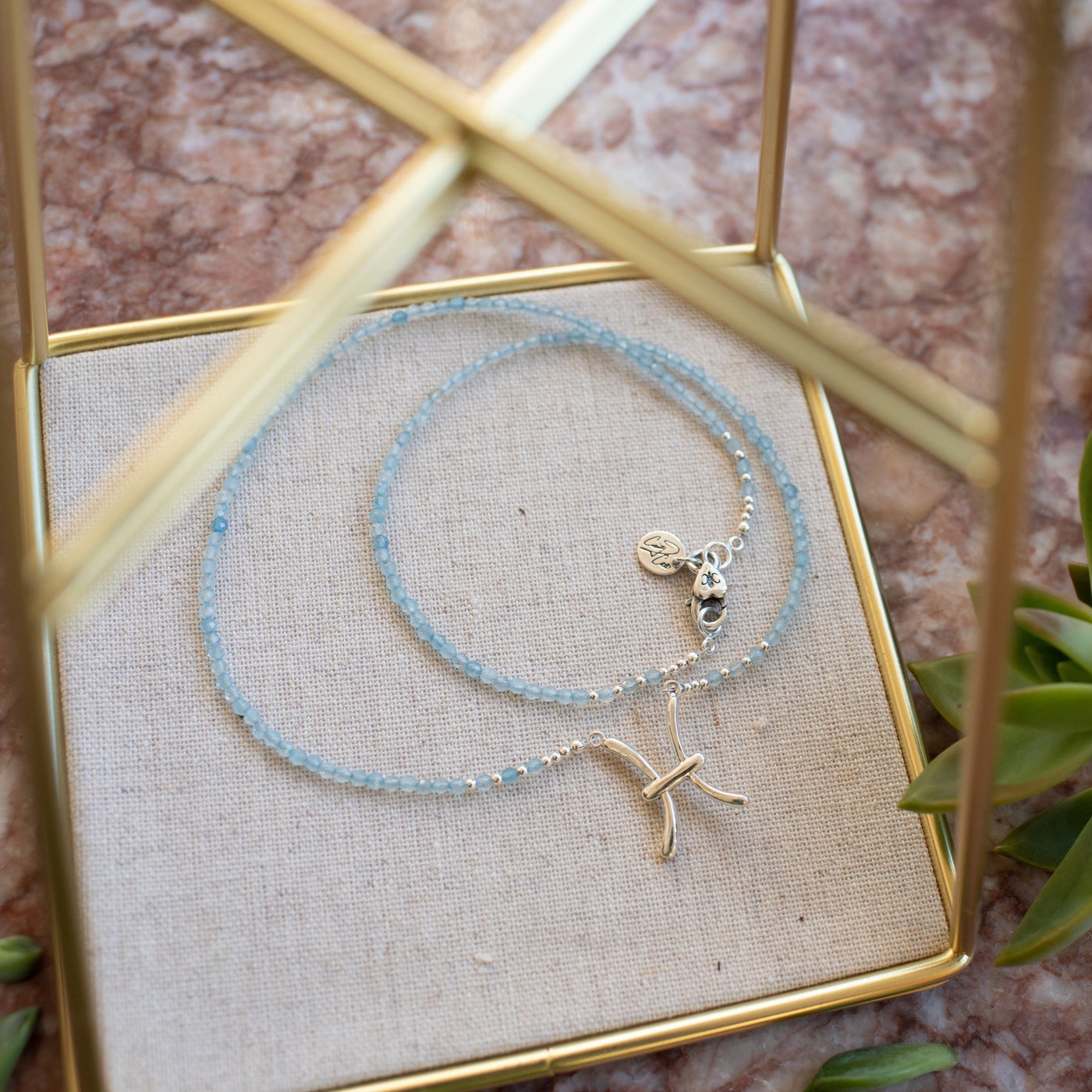 Graceful Pisces Aquamarine Zodiac Signature Necklace